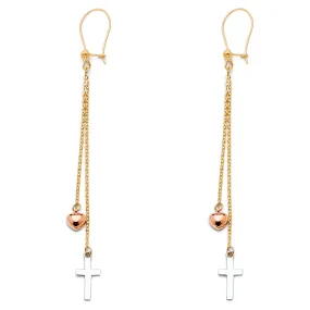 14K Gold Cross Heart Hanging Earrings