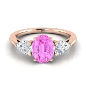 14K Rose Gold Oval Pink Sapphire Perfectly Matched Pear Shaped Three Diamond Engagement Ring -7/8ctw