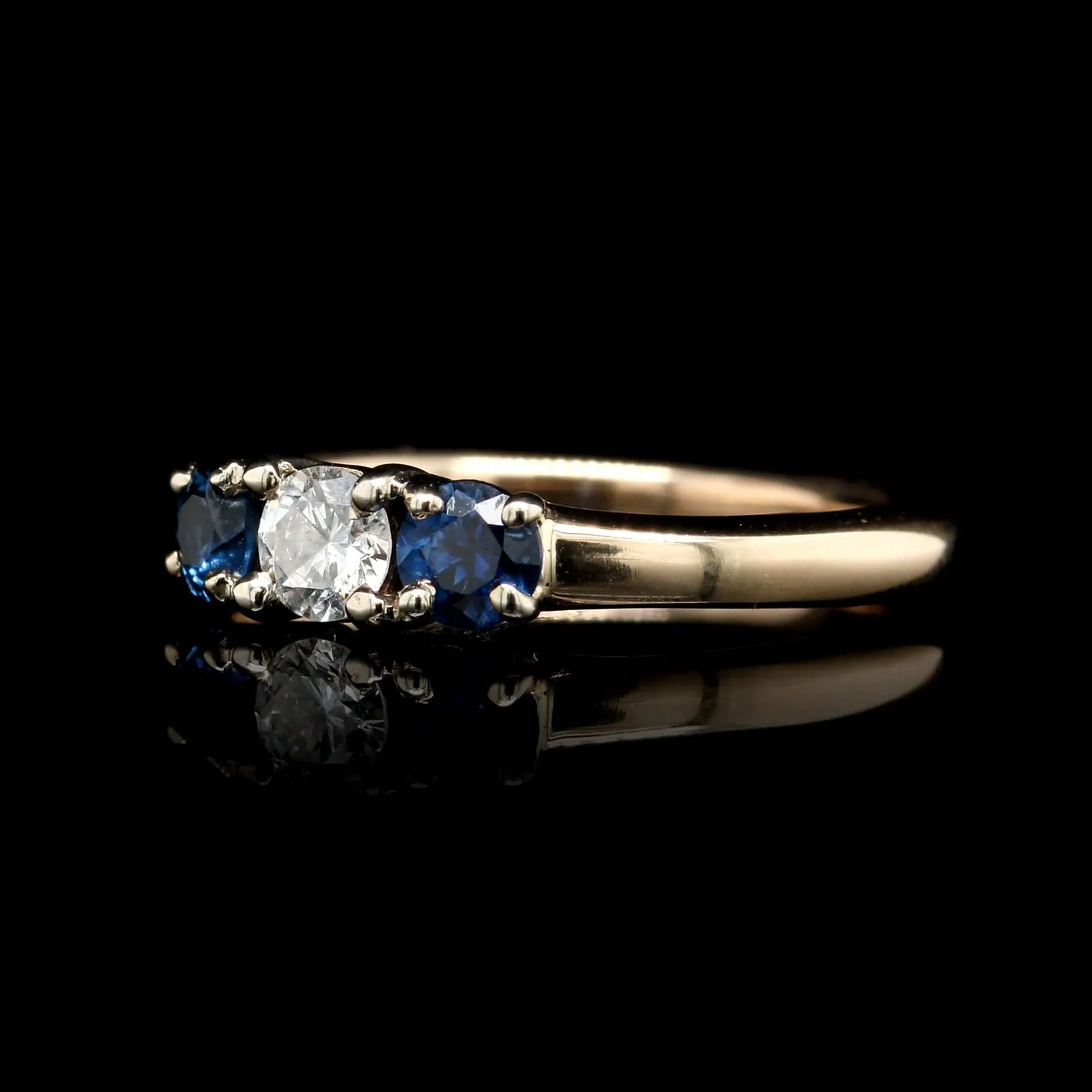 14K Two-tone Gold Estate Diamond and Sapphire Three Stone Ring