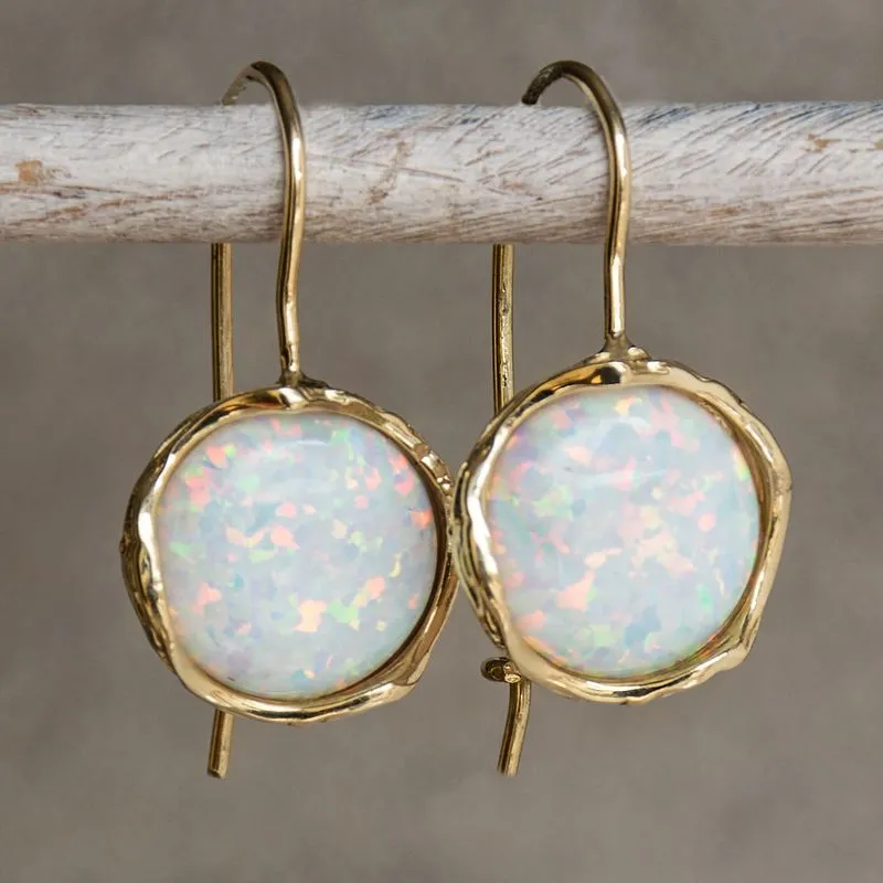 14K Yellow Gold Round White Opal 12mm Dangle Earrings