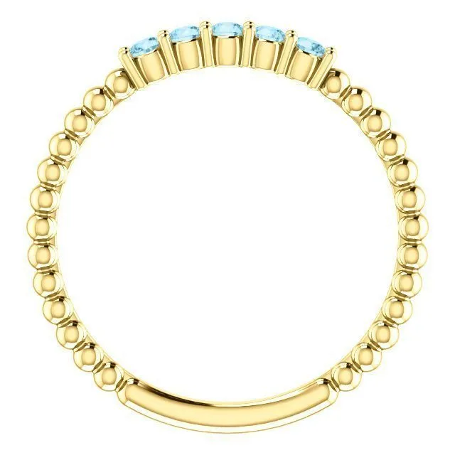 14KT GOLD 0.15 CTW ROUND AQUAMARINE 5 STONE BEADED STACKABLE RING