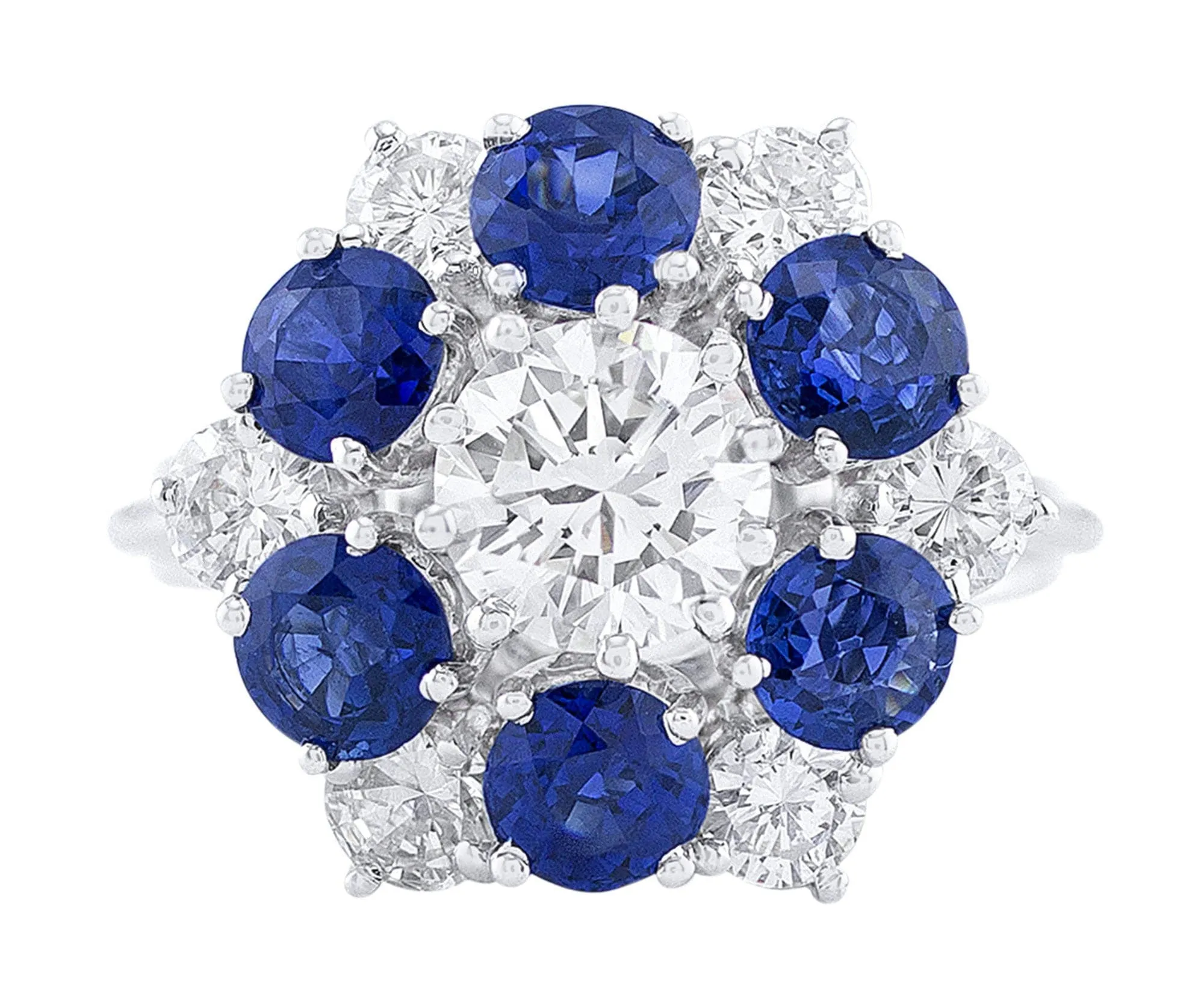 18k White Gold High Set Sapphire Diamond Flower Ring