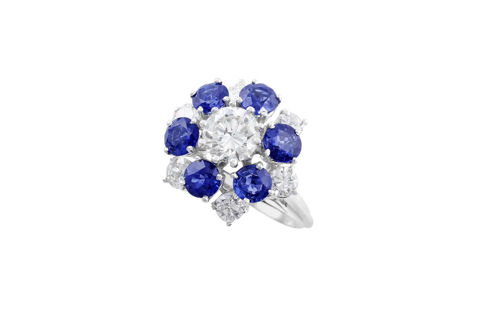 18k White Gold High Set Sapphire Diamond Flower Ring