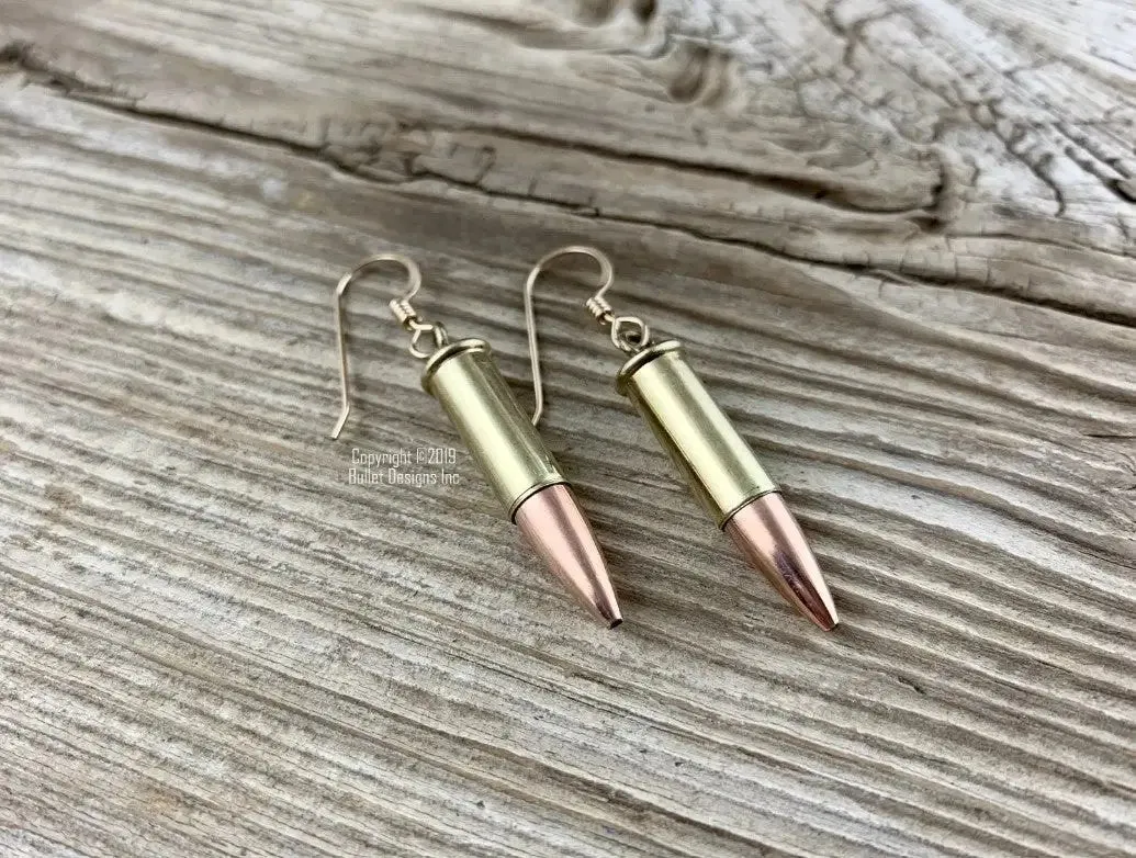 22 Caliber Bullet Dangle Earrings in Brass, Dangle Bullet Earrings, Gold Filled Earwires, Lightweight, Trendy, Recycled