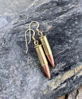 22 Caliber Bullet Dangle Earrings in Brass, Dangle Bullet Earrings, Gold Filled Earwires, Lightweight, Trendy, Recycled