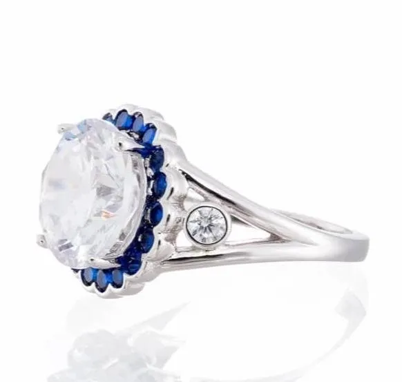 5 Carat Round Cut and Sapphire Blue Cubic Zirconia Halo Engagement Ring in White Gold Plated Sterling Silver