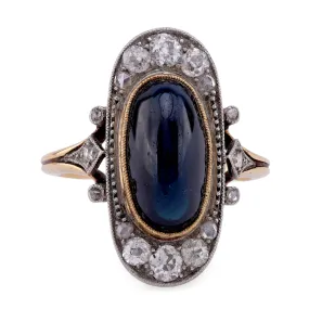 Belle Époque 5.3 Carat Cabochon Sapphire Diamond 18K Yellow Gold Navette Ring