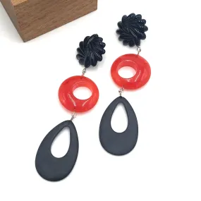 Black Carved & Tomato Tri-Ring Statement Earrings