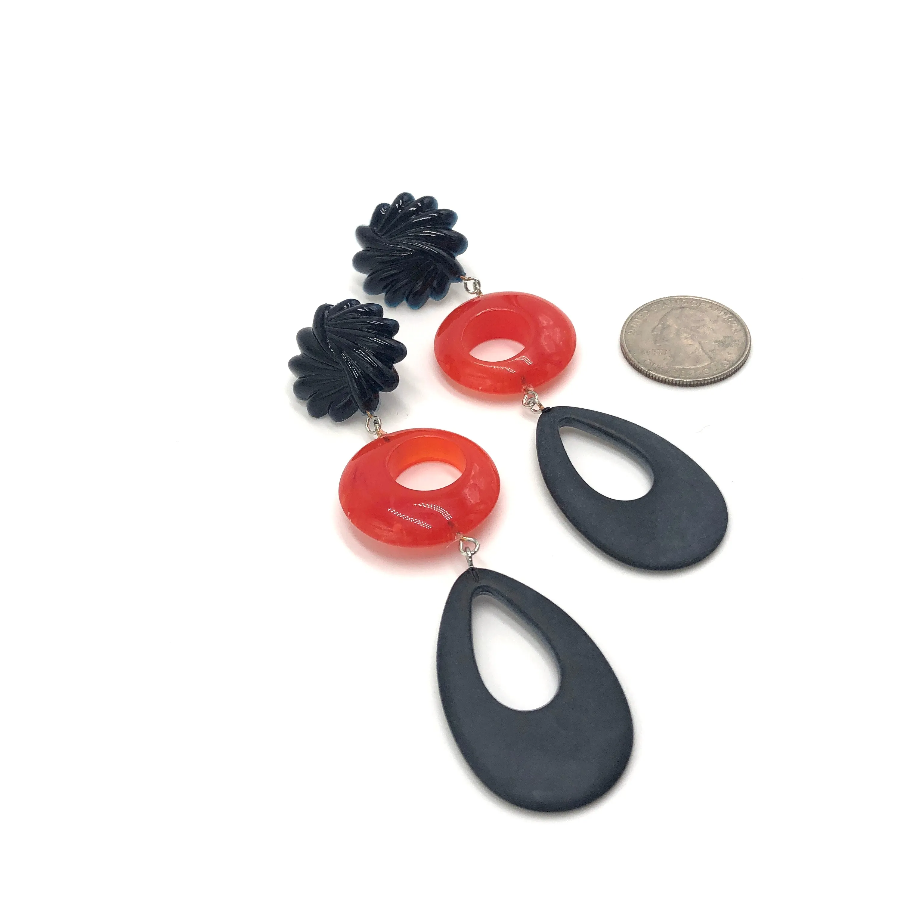 Black Carved & Tomato Tri-Ring Statement Earrings