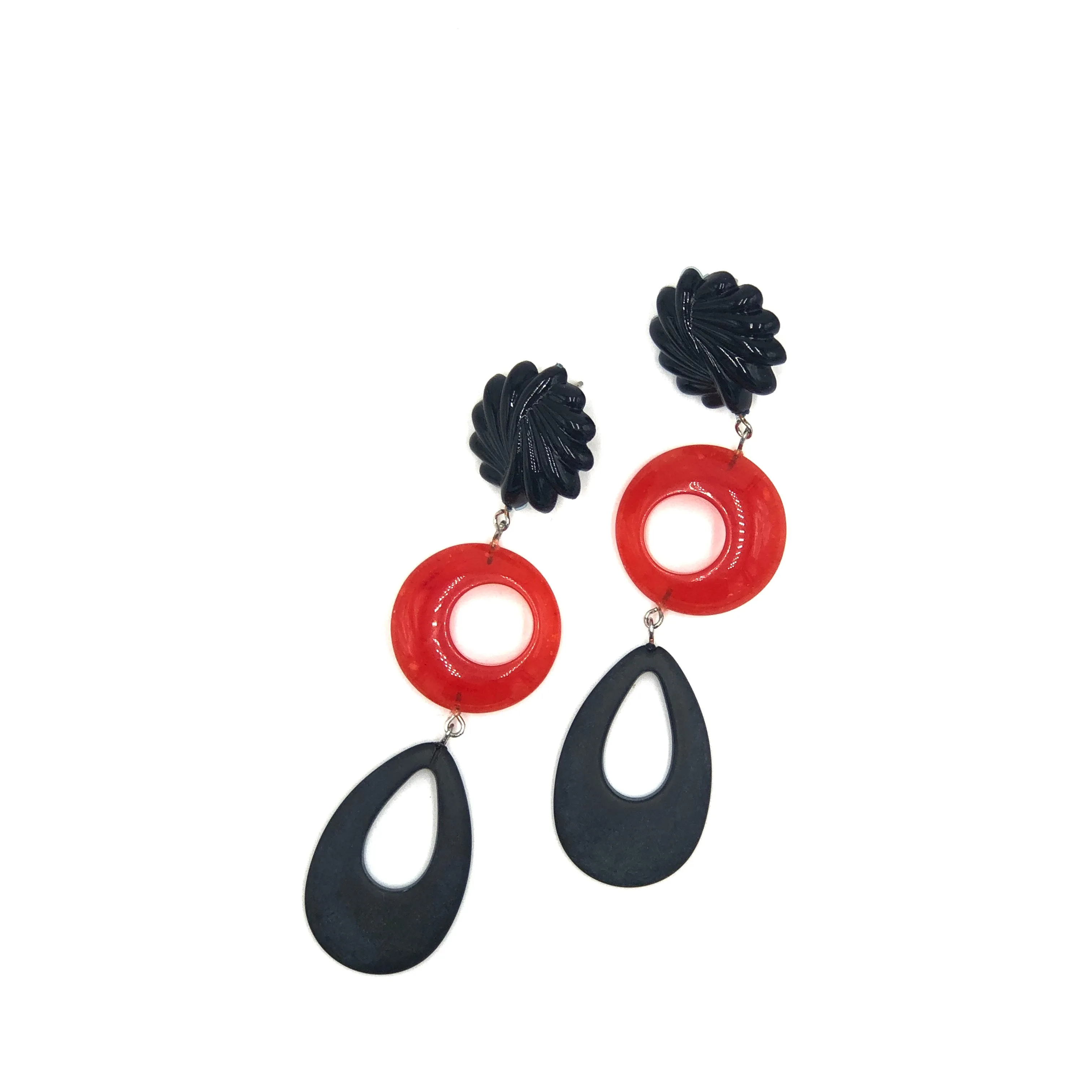 Black Carved & Tomato Tri-Ring Statement Earrings