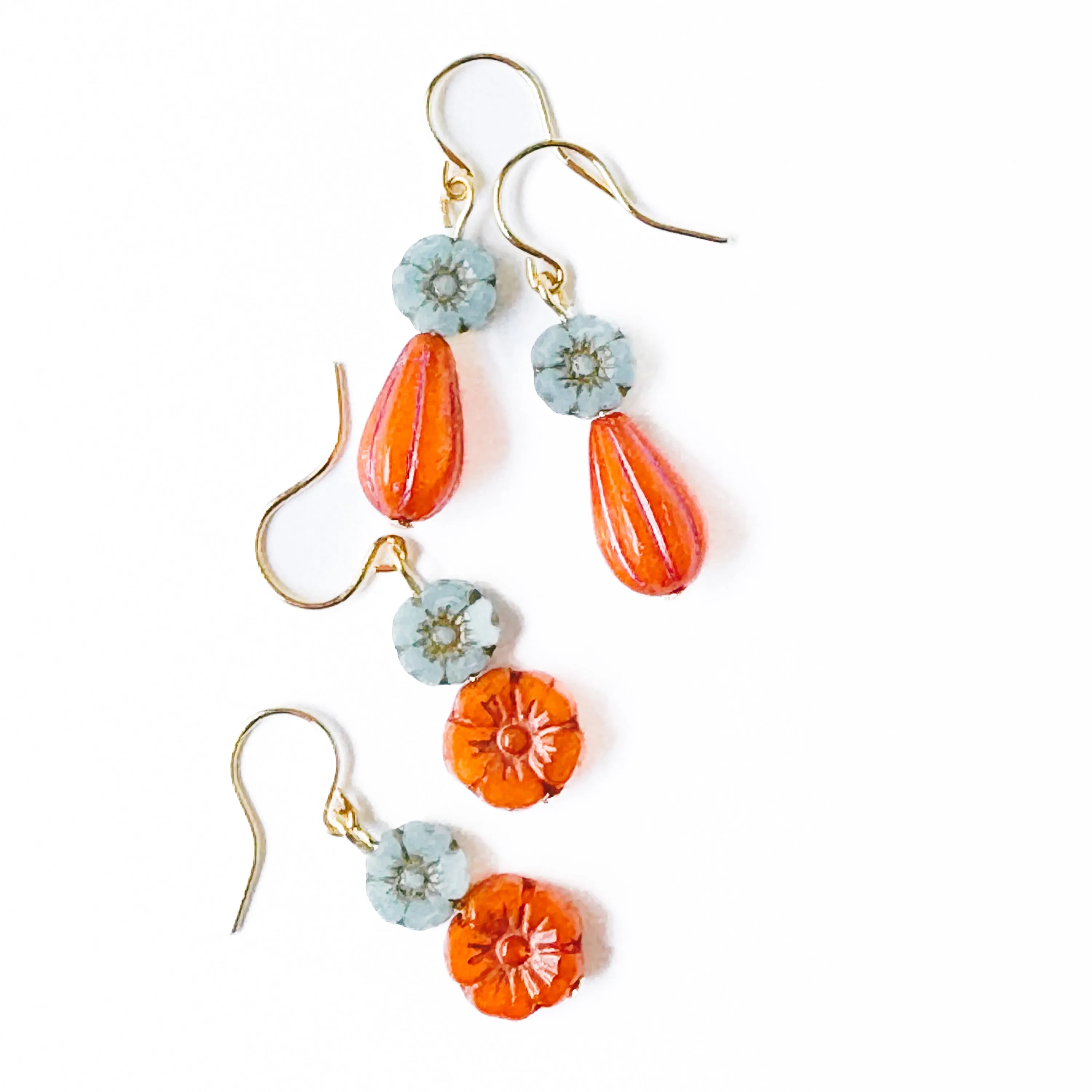 Blue and Orange Glass Flower Earrings