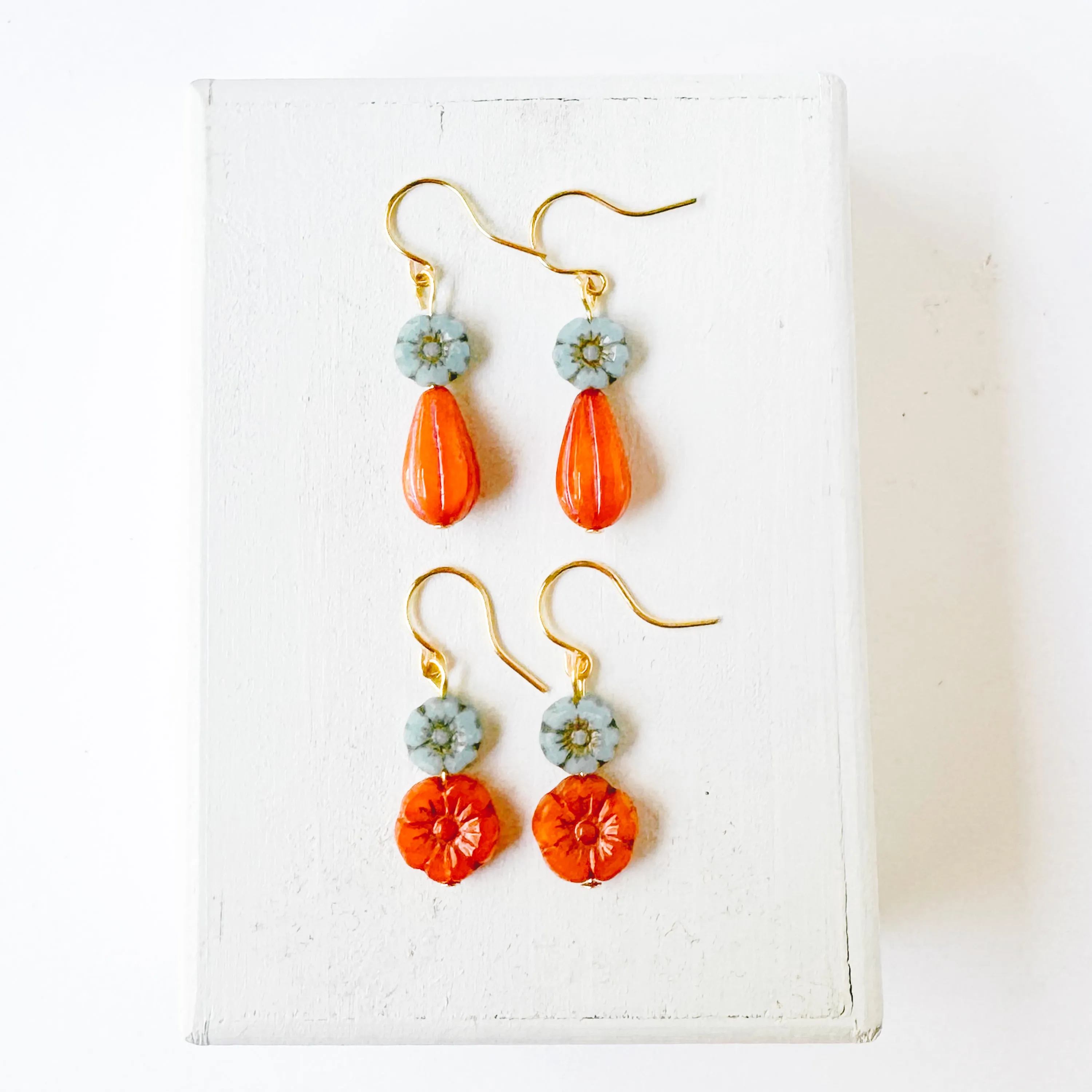 Blue and Orange Glass Flower Earrings