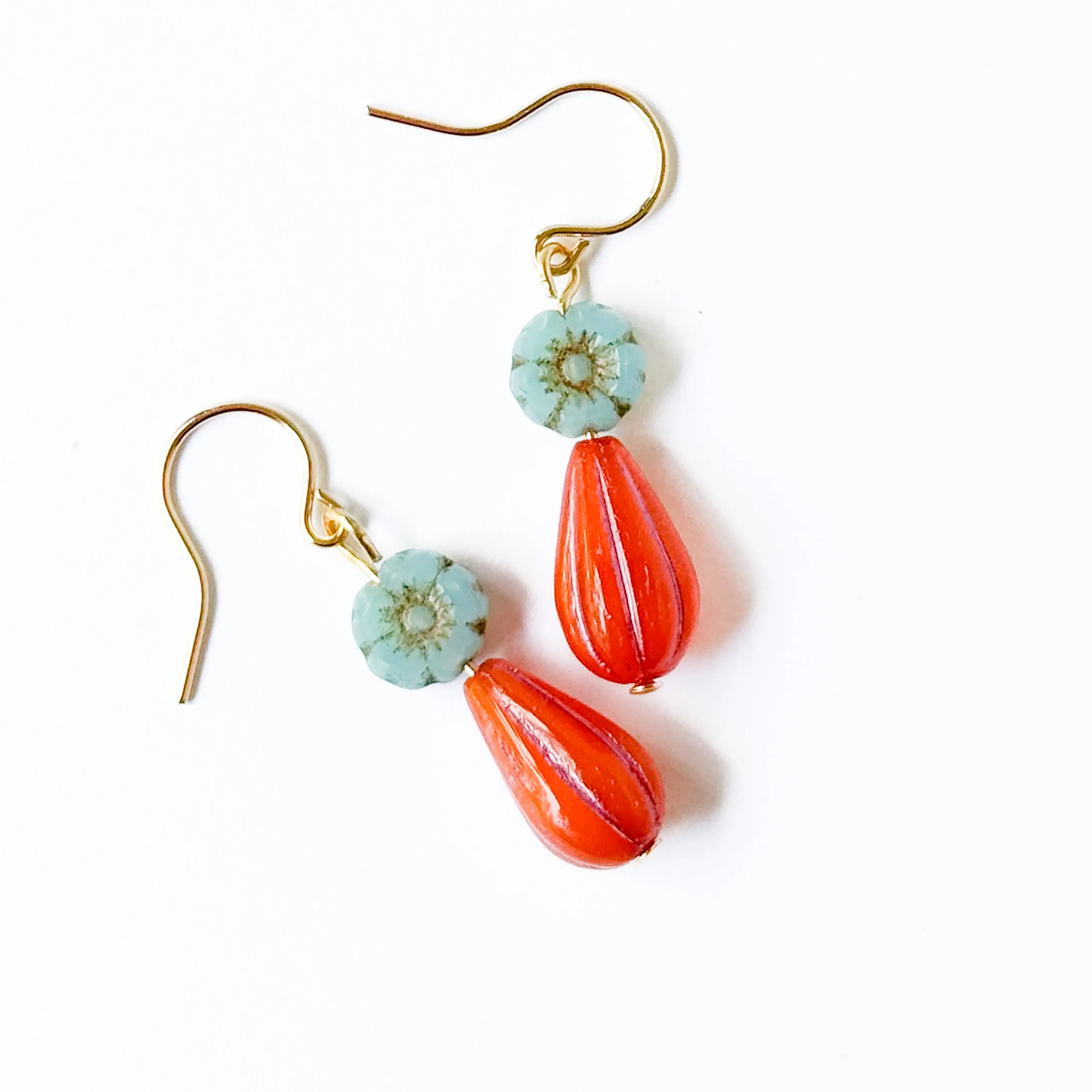 Blue and Orange Glass Flower Earrings