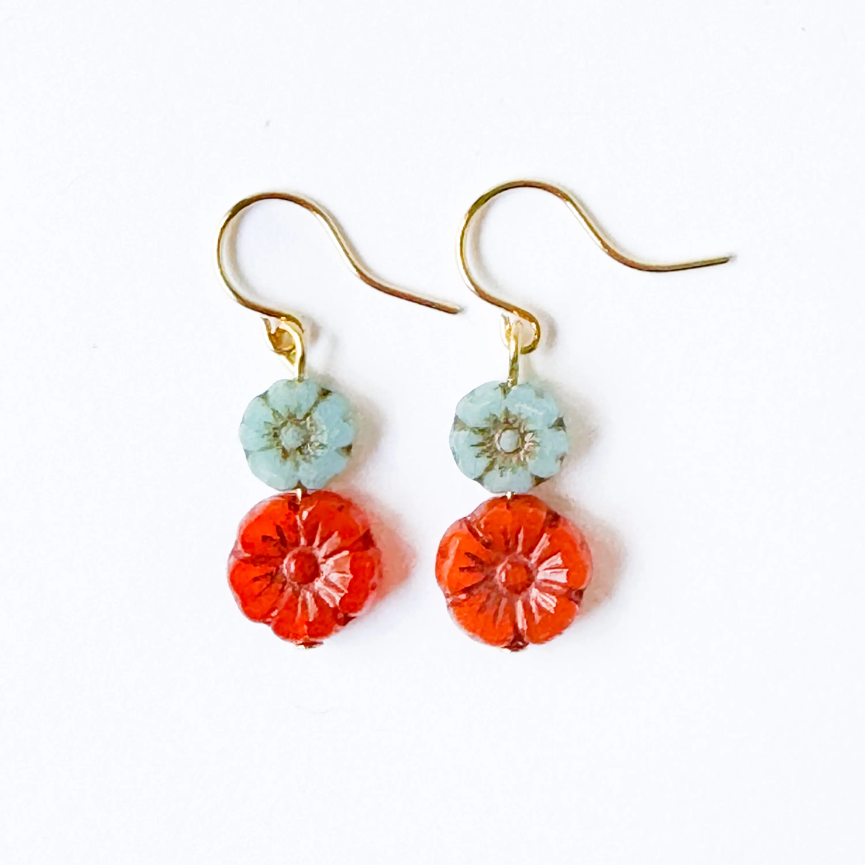 Blue and Orange Glass Flower Earrings