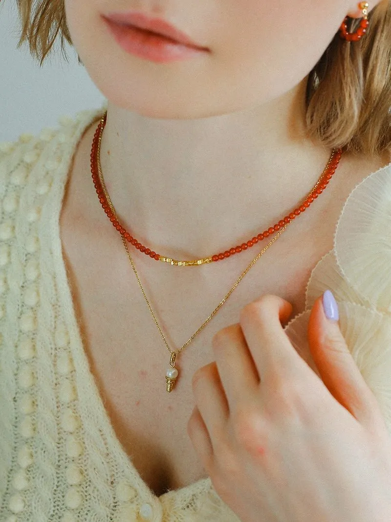 Broken Gold Red Onyx Beaded Necklace