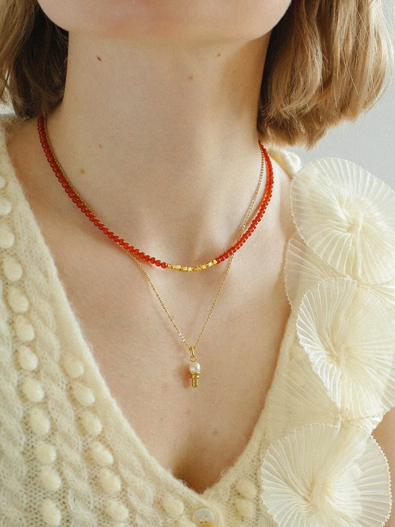 Broken Gold Red Onyx Beaded Necklace