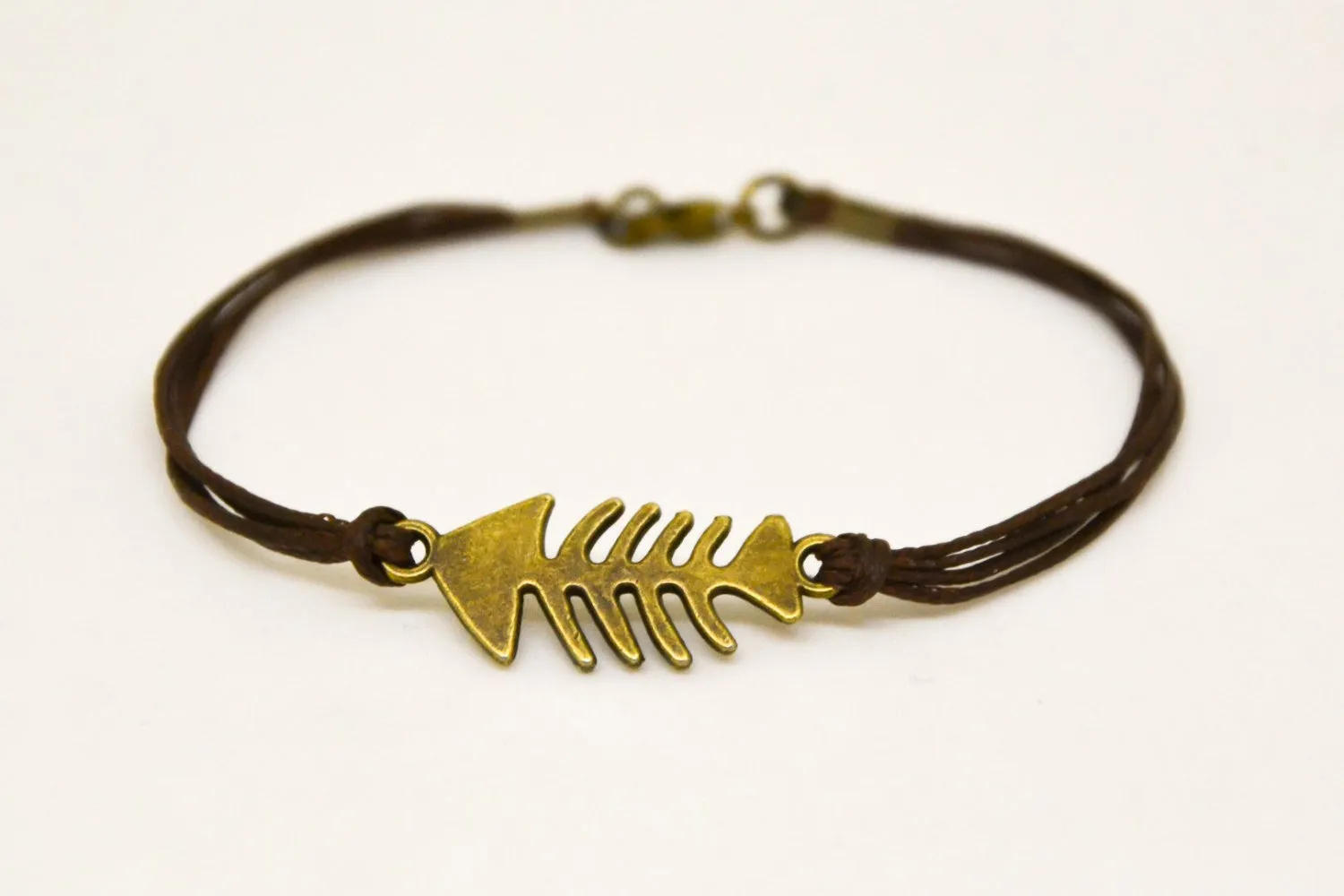 Bronze fish bones charm bracelet for men, brown cord, Christmas gift for him