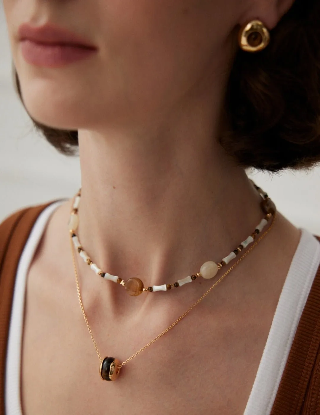 Brown Tiger Eye Stone Shells Beaded Necklace