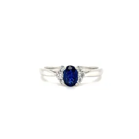 Oval Sapphire Ring with Six Side Diamonds in 14K White Gold