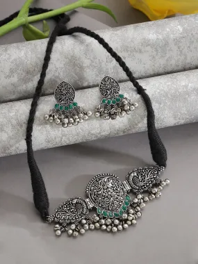 Oxidized Silver-Plated Green Stone-Studded & Beaded Handcrafted Peacock Shaped Jewelry Set