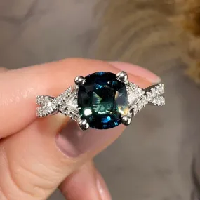 "River" Teal Cushion Cut Sapphire Crossover Diamond Shoulders Engagement Ring