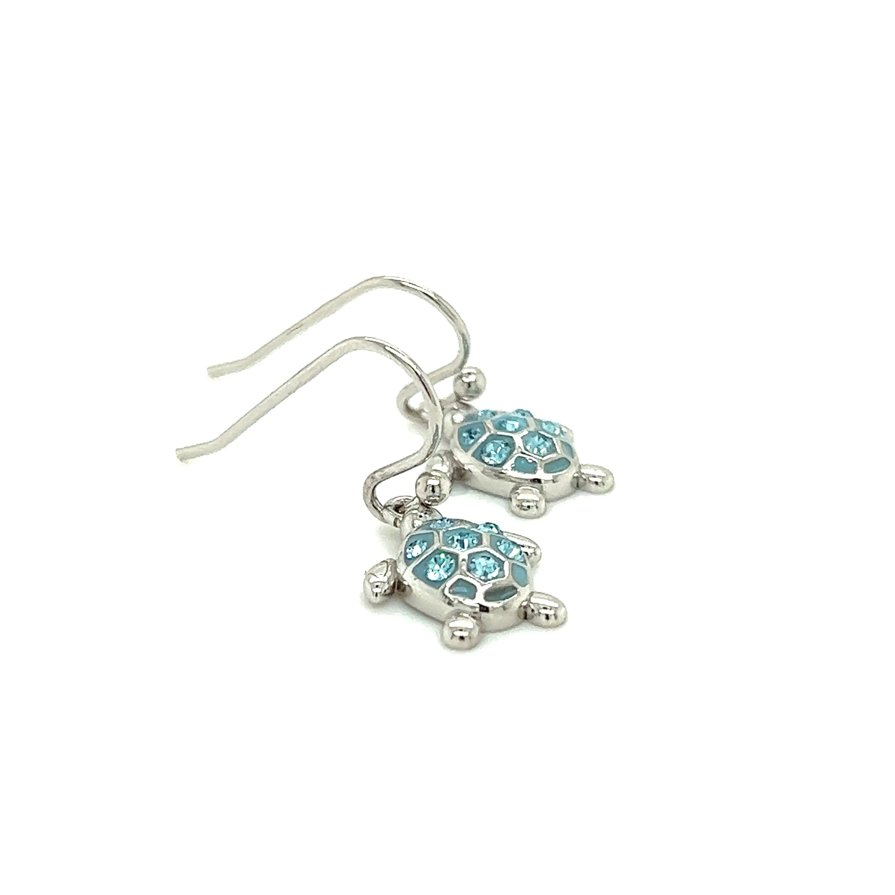 Sea Turtle Dangle Earrings with Aqua Crystals in Sterling Silver