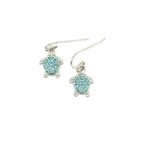 Sea Turtle Dangle Earrings with Aqua Crystals in Sterling Silver