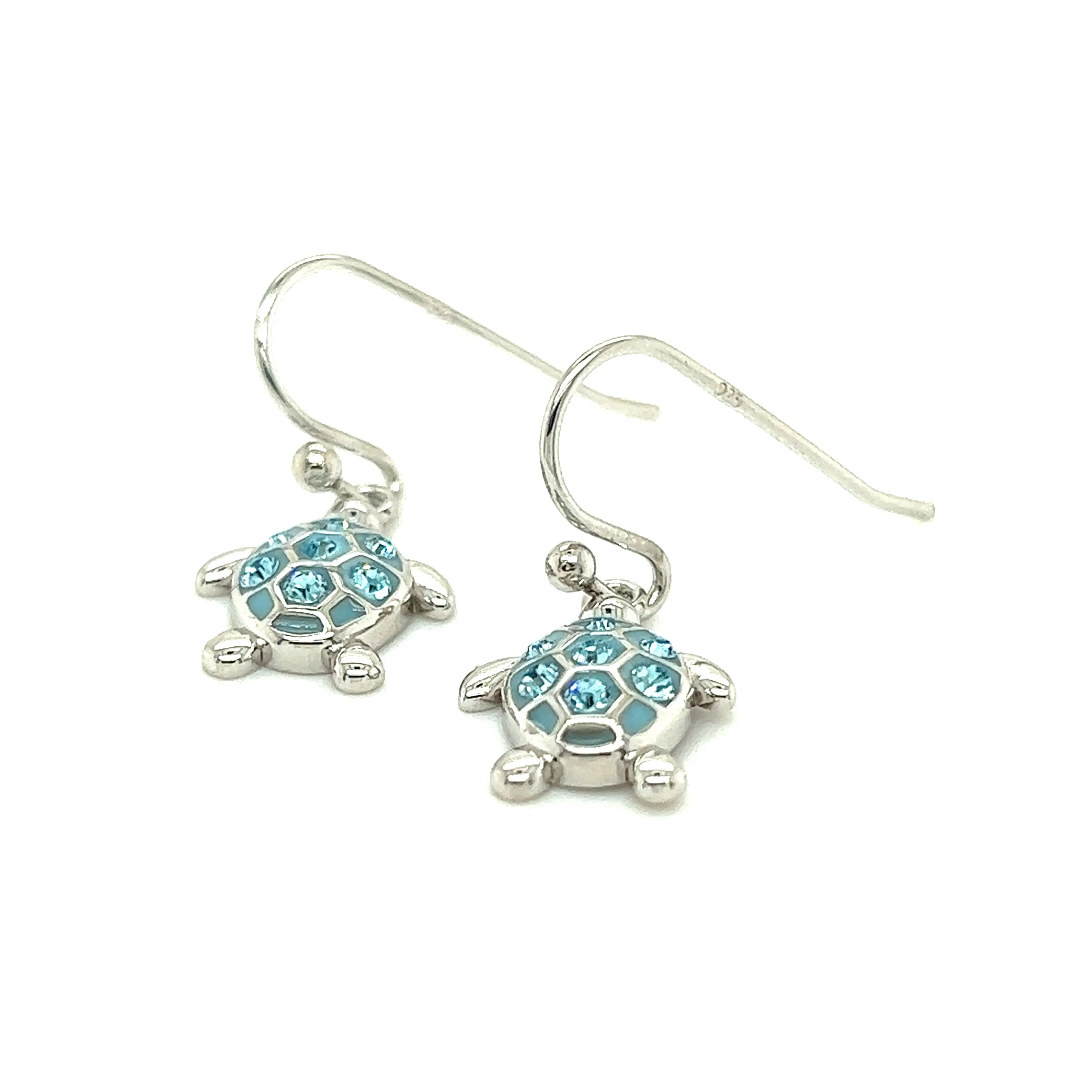 Sea Turtle Dangle Earrings with Aqua Crystals in Sterling Silver