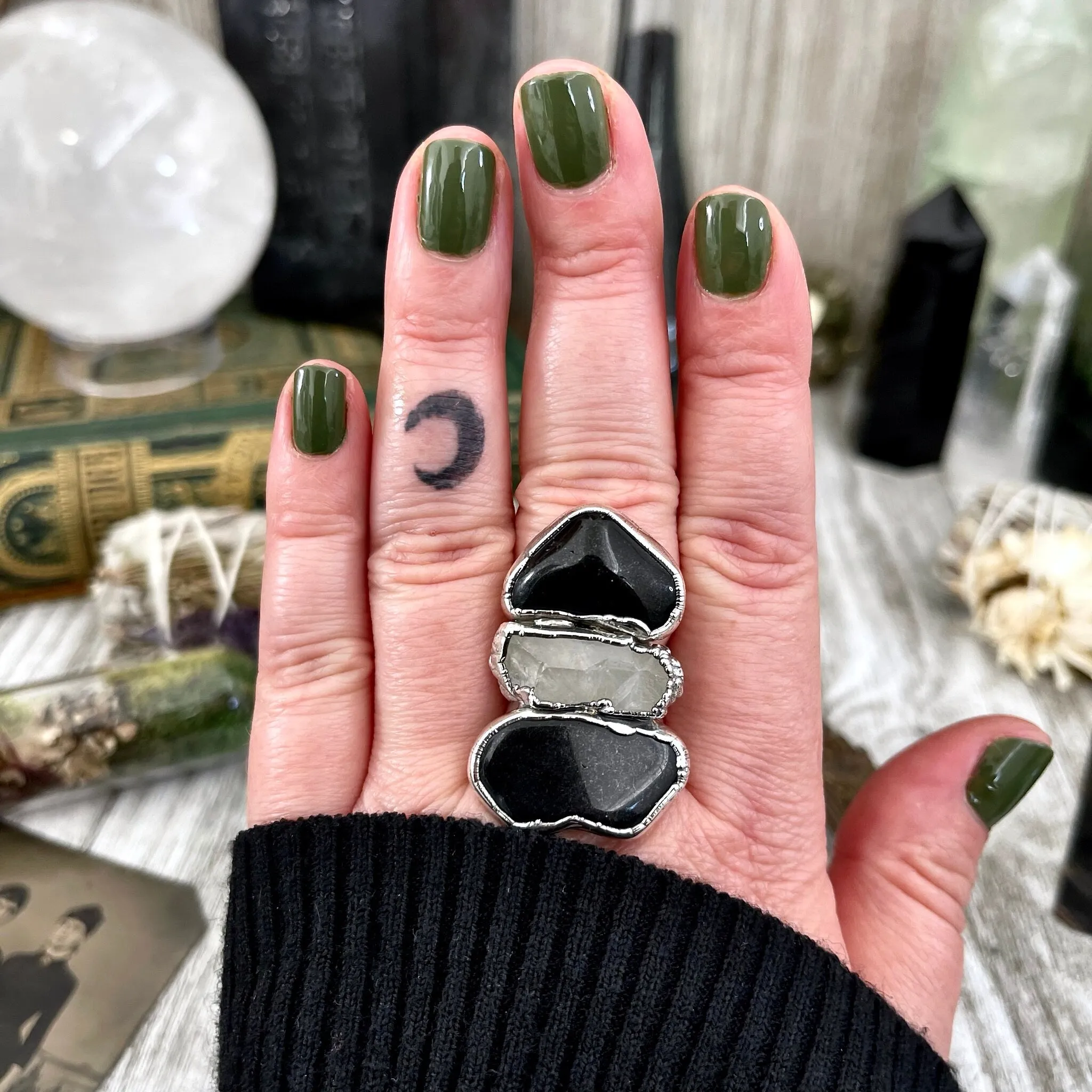 Size 8 Crystal Ring - Three Stone Black Onyx Clear Quartz Ring in Silver / Foxlark Collection - One of a Kind