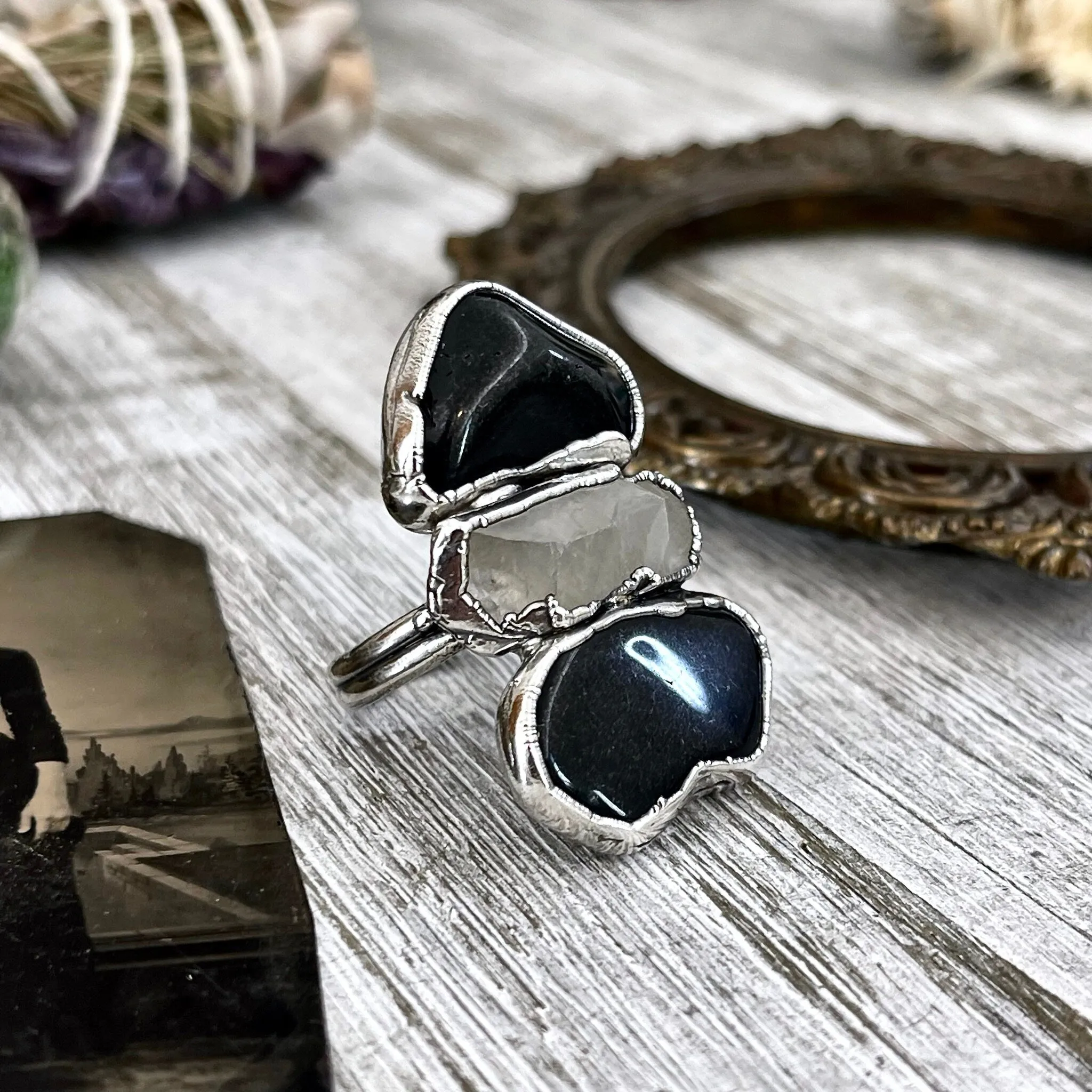 Size 8 Crystal Ring - Three Stone Black Onyx Clear Quartz Ring in Silver / Foxlark Collection - One of a Kind