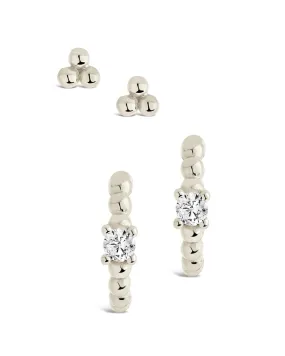 Sterling Silver Beaded Stud & CZ Micro Hoop Earring Set