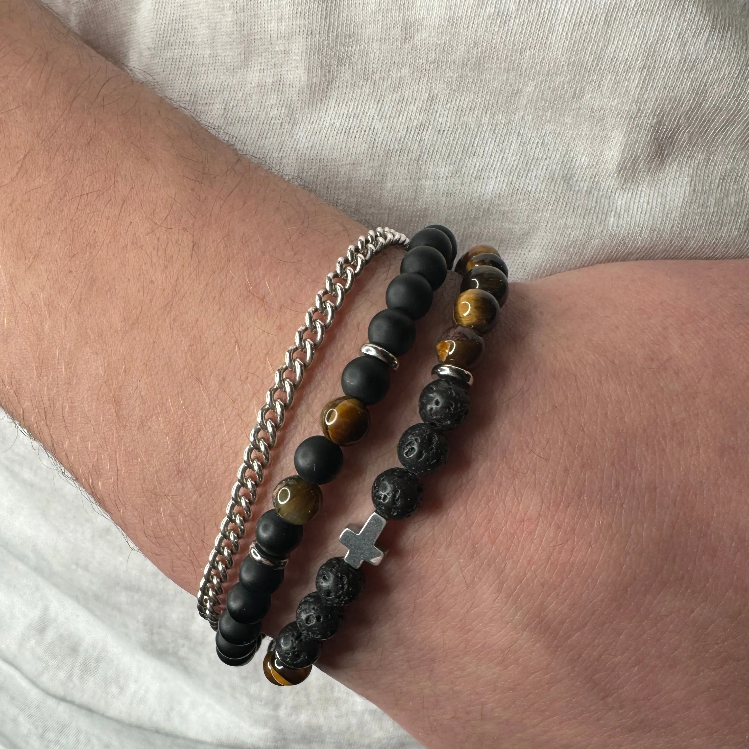 Tiger Eye and Lava Cross Set of Two Bracelets